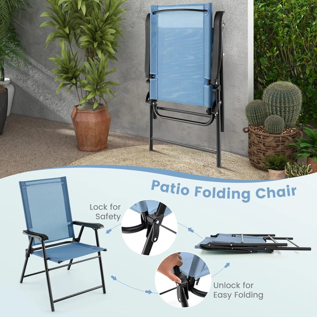 Set di 4 sedie da giardino pieghevoli, pieghevoli, con schienale alto e bracciolo, resistenti alle intemperie, in metallo e tessuto, portata fino a 150 kg (azzurro)