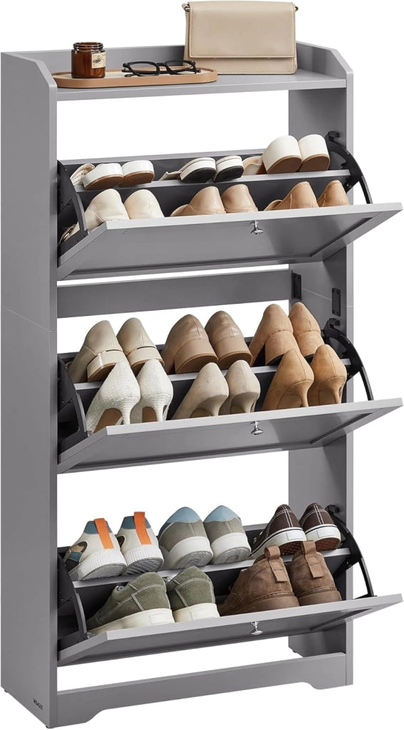 VASAGLE Scarpiera con 3 Scomparti a Ribalta, Scarpiera Salvaspazio, Divisori Regolabili, Portascarpe per fino a 12-20 Paia di Scarpe, Ingresso Corridoio, 24 x 60 x 121,2 cm, Bianco Nuvola LBC036WB01