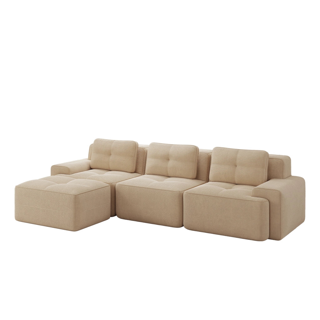 Divano modulare a L 3 posti beige 293x177x69 cm con pouf; velluto a coste