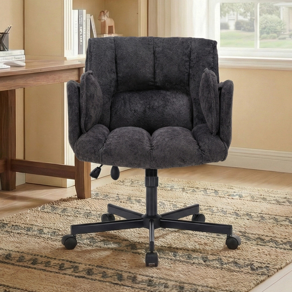 Chaise de bureau girevole con braccioli ribaltabili e supporto lombare gonfiabile in tessuto nero con ruote silenziose