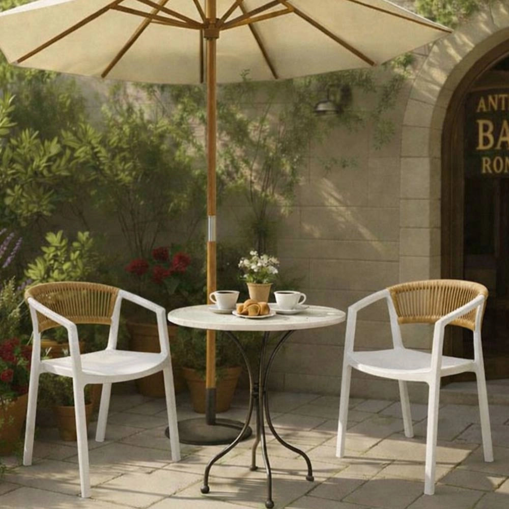 Sedie da Bar Sety in plastica bianca con schienale curvo a corda beige