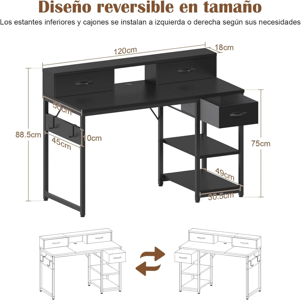 Scrivania Con Cassetti E Ripiano Reversibile, Scrivania Per Computer Con Contenitore, Supporto Per Monitor, Foro Per Cavi, 2 Ripiani Regolabili E Cassetto Inferiore, 120 X 50 Cm, Nero