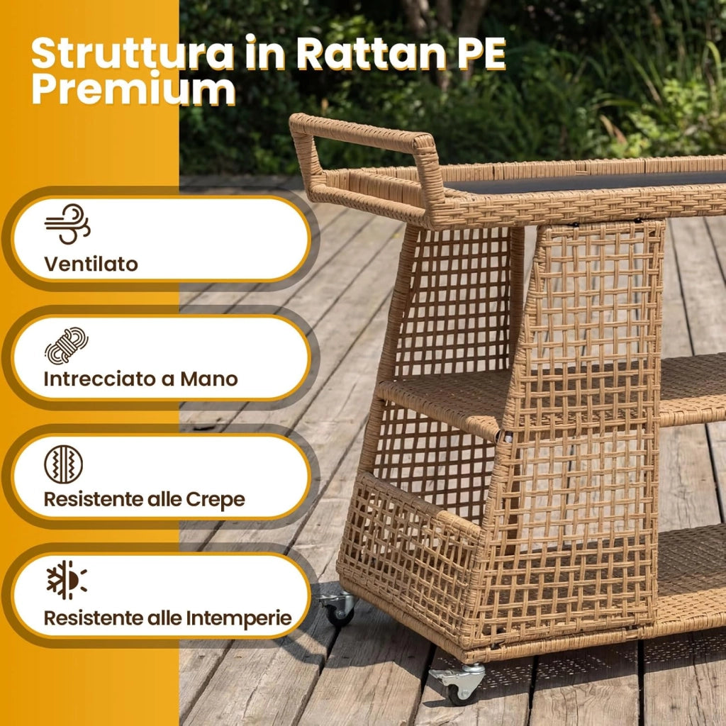 Carrello Bar da Esterno, Carrello Portavivande in Rattan con 4 Ruote, 3 Ripiani Aperto e Maniglia Laterale, Carrellino da Servizio per Cucina, Giardino e Bordo Piscina, 98 x 54 x 92 cm