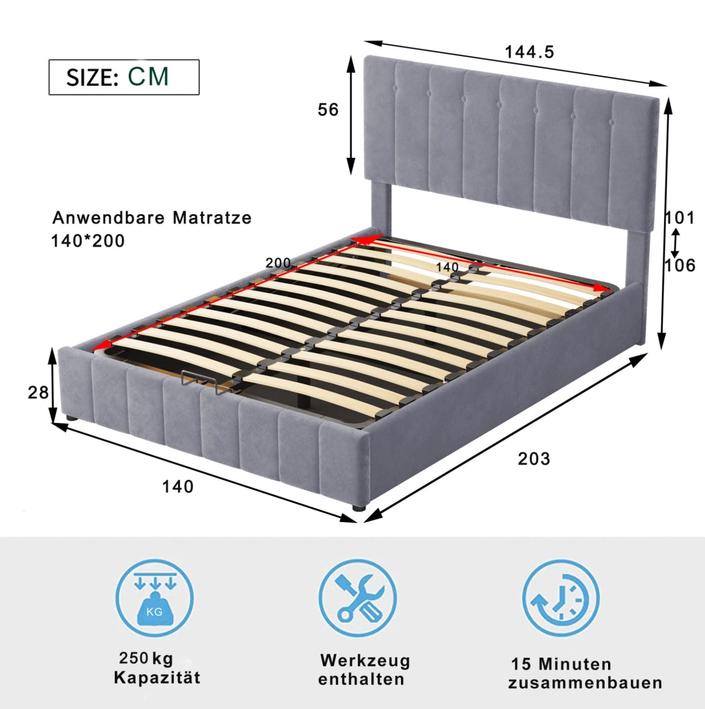 Letto matrimoniale imbottito 140x200 cm con contenitore; meccanismo idraulico e velluto grigio