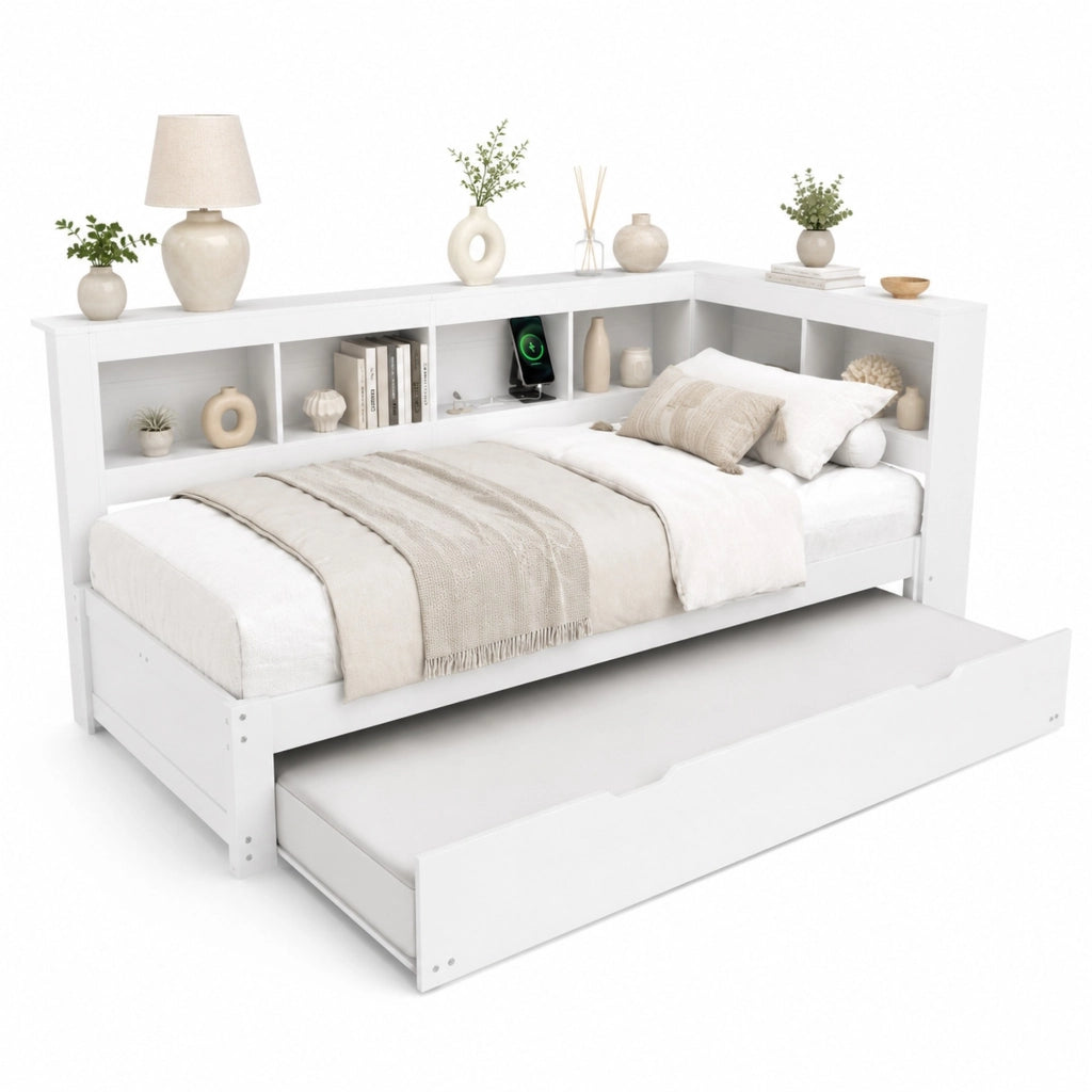Daybed 90x200 cm con letto estraibile, prese e 2 porte USB, bianco