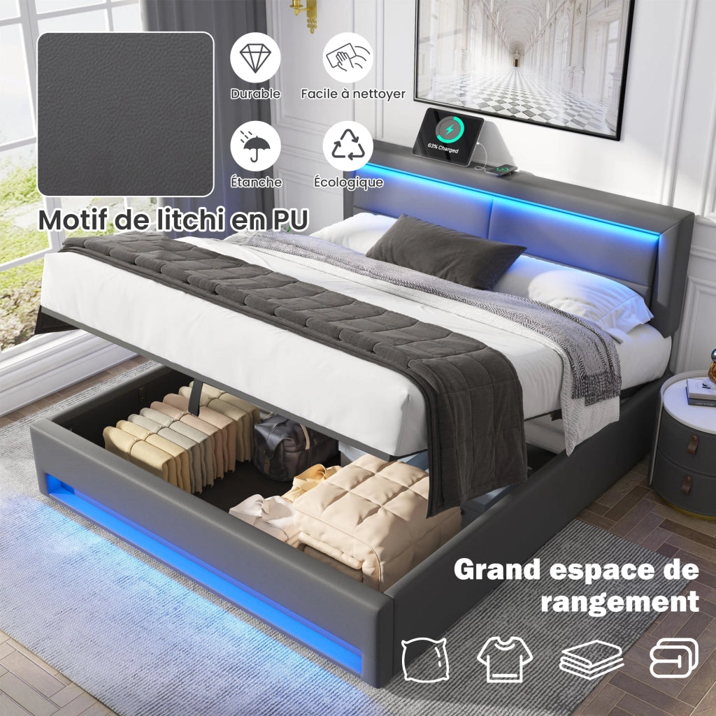Letto Contenitore 160x200 cm; Letto Matrimoniale con USB; LED e vano; in PU Grigio