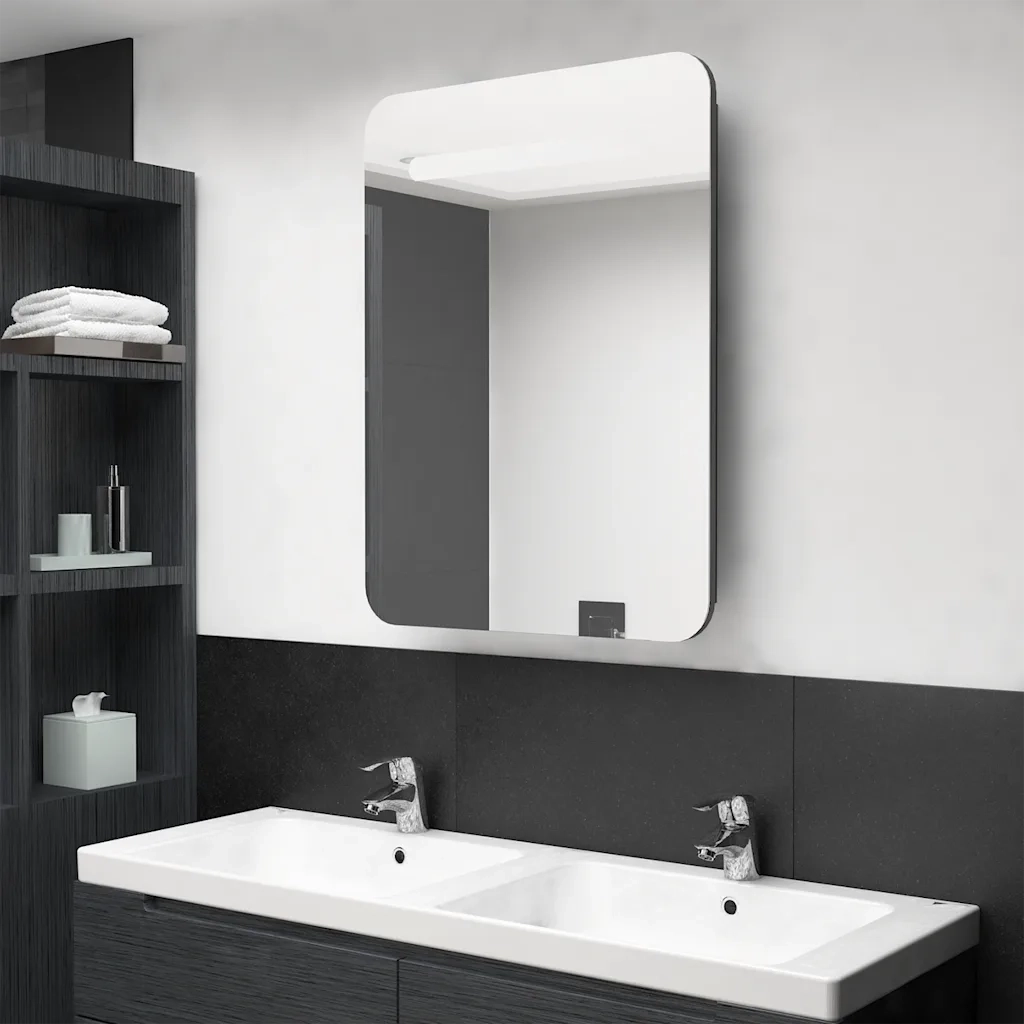 Armadietto Bagno | Armadio da bagno con Specchio e LED Grigio Lucido 60x11x80 cm