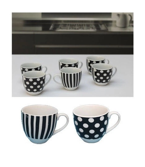 Set 6 Tazzine Tazze caffe' senza piattini Pois Neri e righe nere