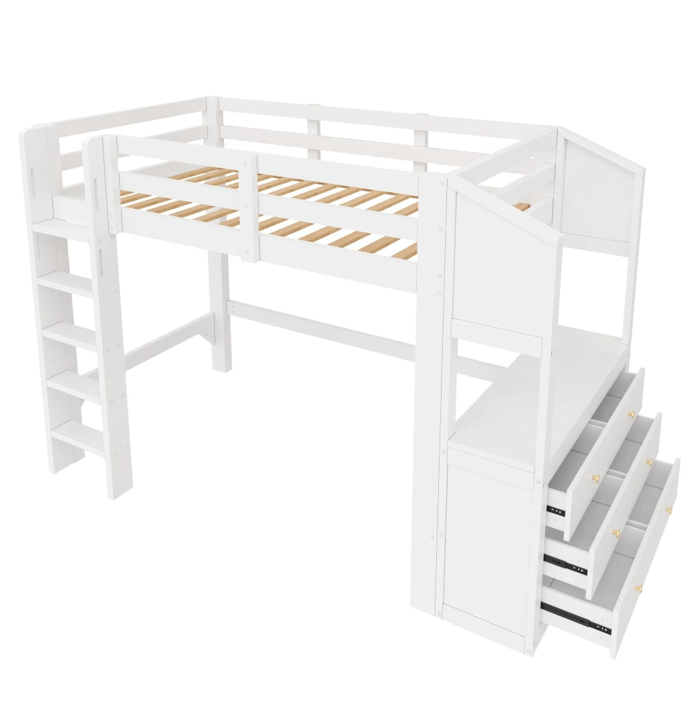 Letto a soppalco 90 x 200 cm con LED, 3 cassetti e ripiani bianco