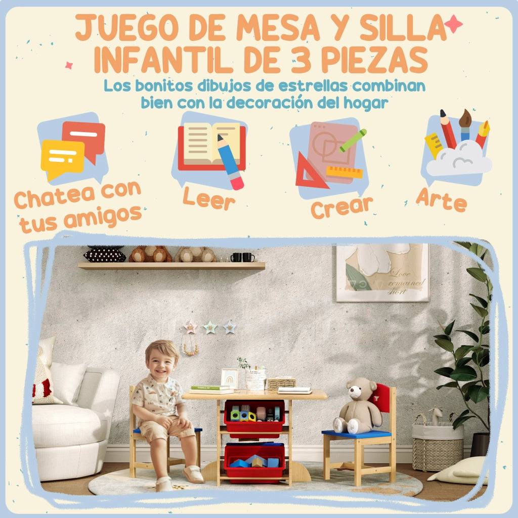 Tavolo per Bambini con 2 Sedie e 4 Cestini ¨C zephmum ¨C Naturale