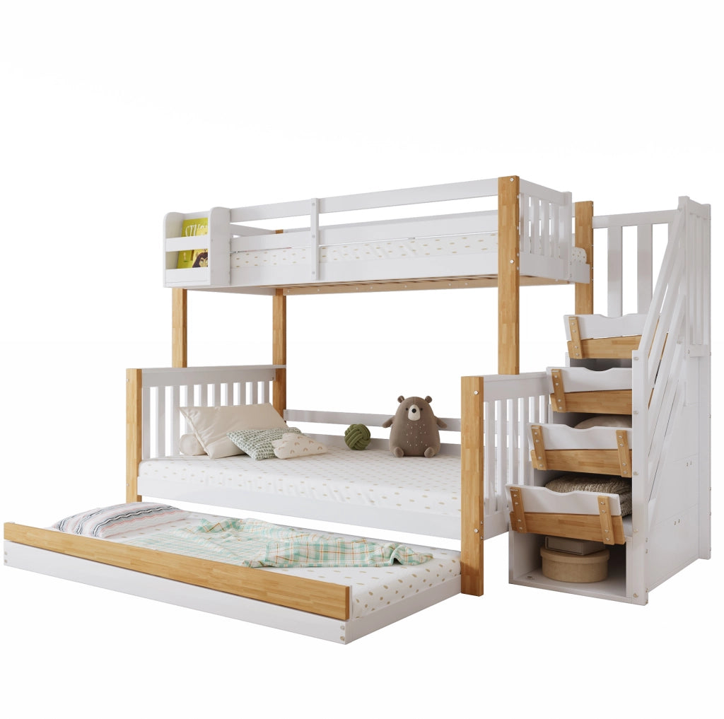 Letto a castello con letto estraibile e scala contenitore; 254x216;5x165 cm; bianco e naturale