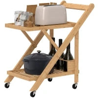 Carrello da Cucina Portavivande Pieghevole a 2 Livelli con Portabottiglie in Legno di Bambù