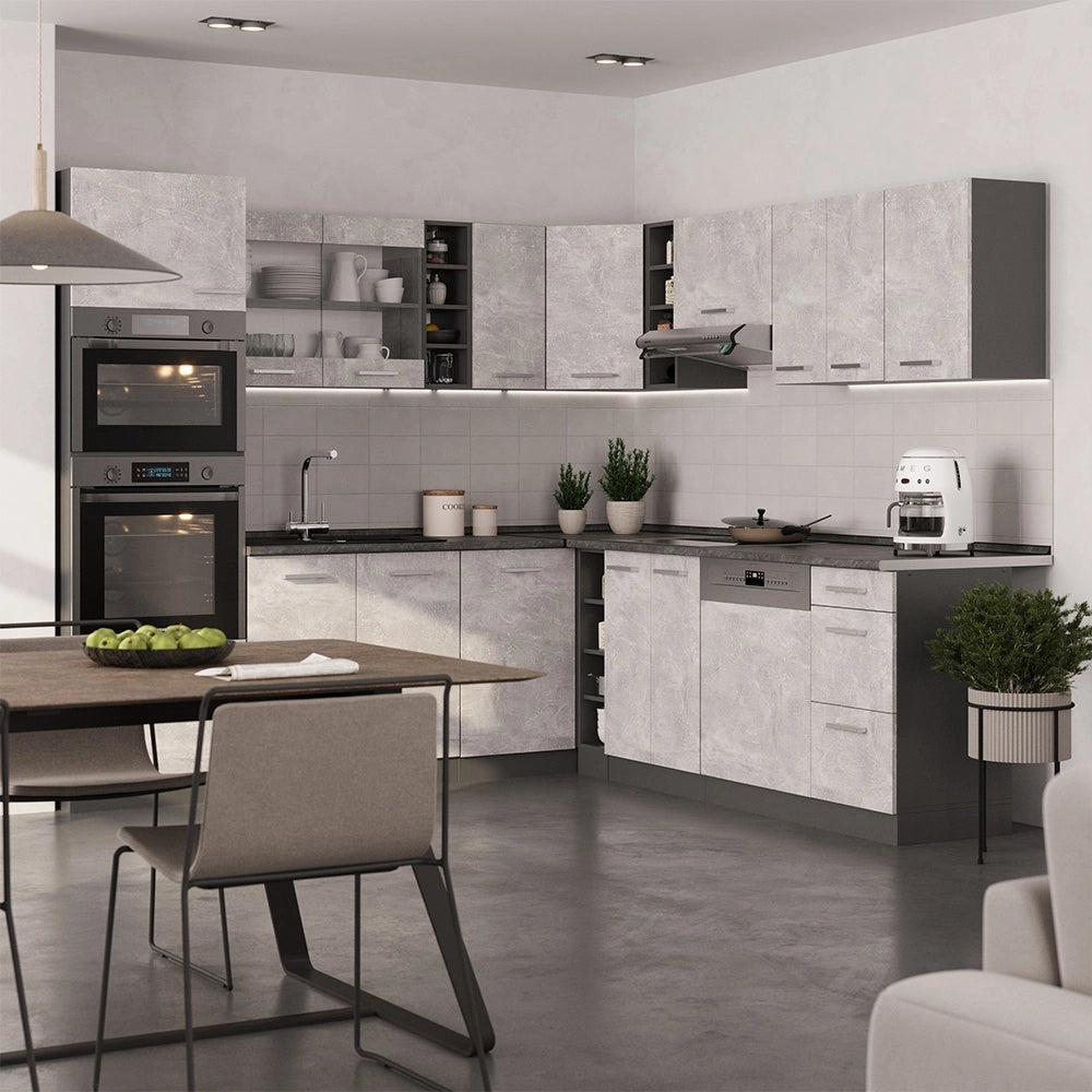 Cucina angolare completa R-Line Calcestruzzo/Antracite 247 x 237 cm, PL Marmo Vicco