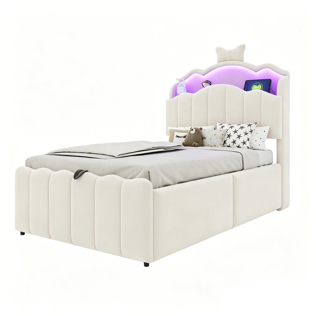 Letto contenitore imbottito 90x200 cm con sollevamento idraulico; testiera apribile; USB/USB-C; LED e velluto beige