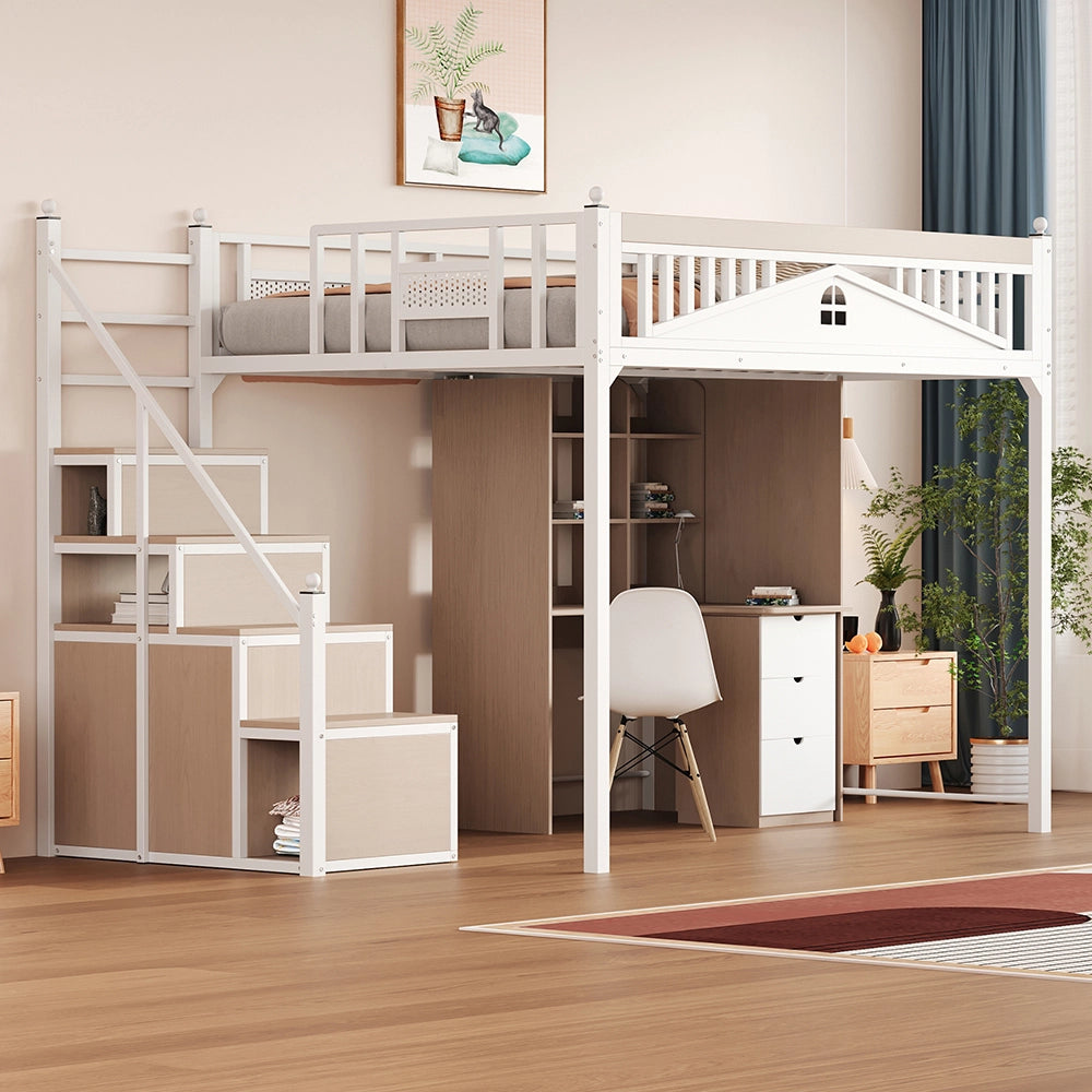 Letto a soppalco in metallo - Xylo - 140x200cm - Bianco - Barriera di sicurezza scala reversibile