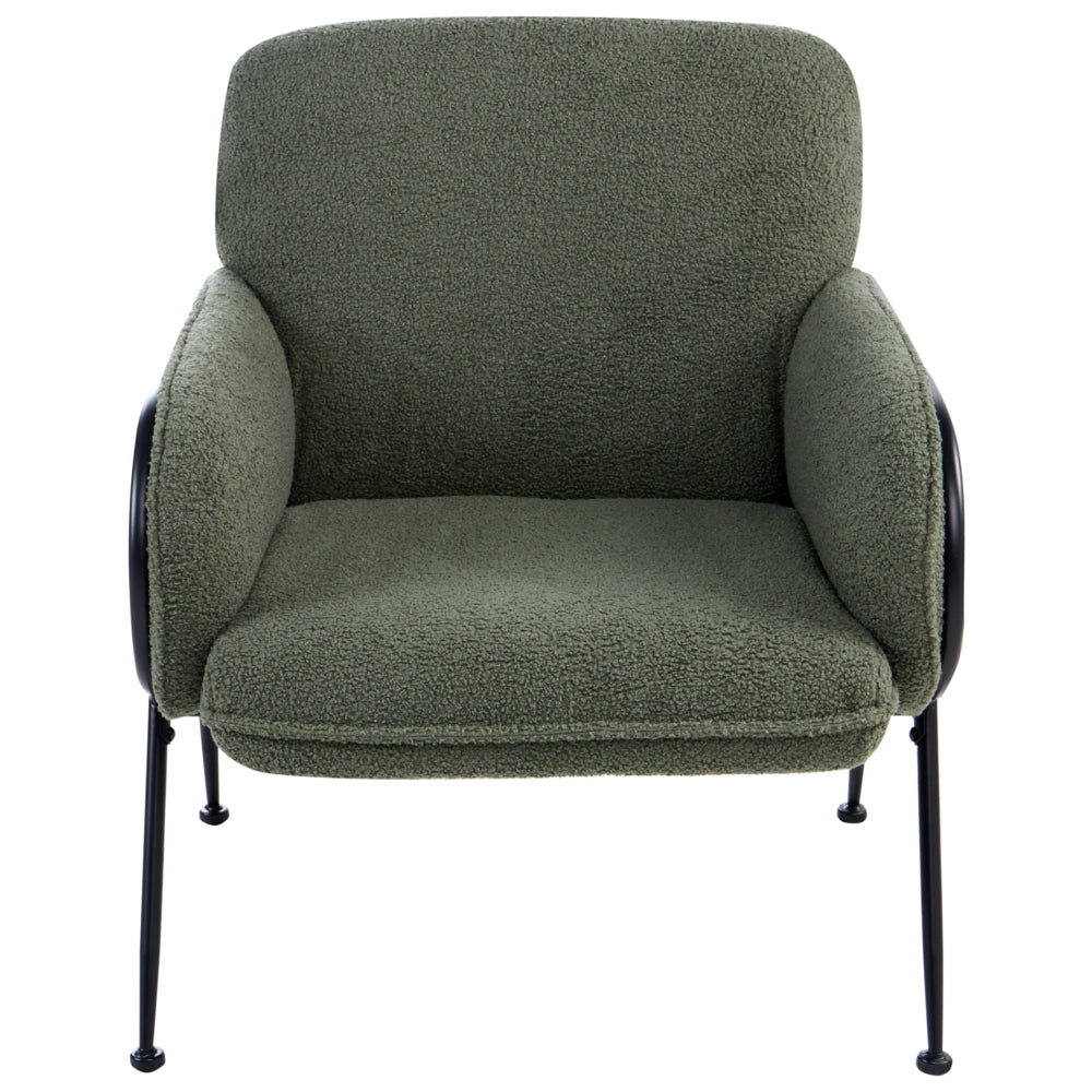 Poltrona verde con rivestimento in bouclé e struttura in metallo stile Century Modern