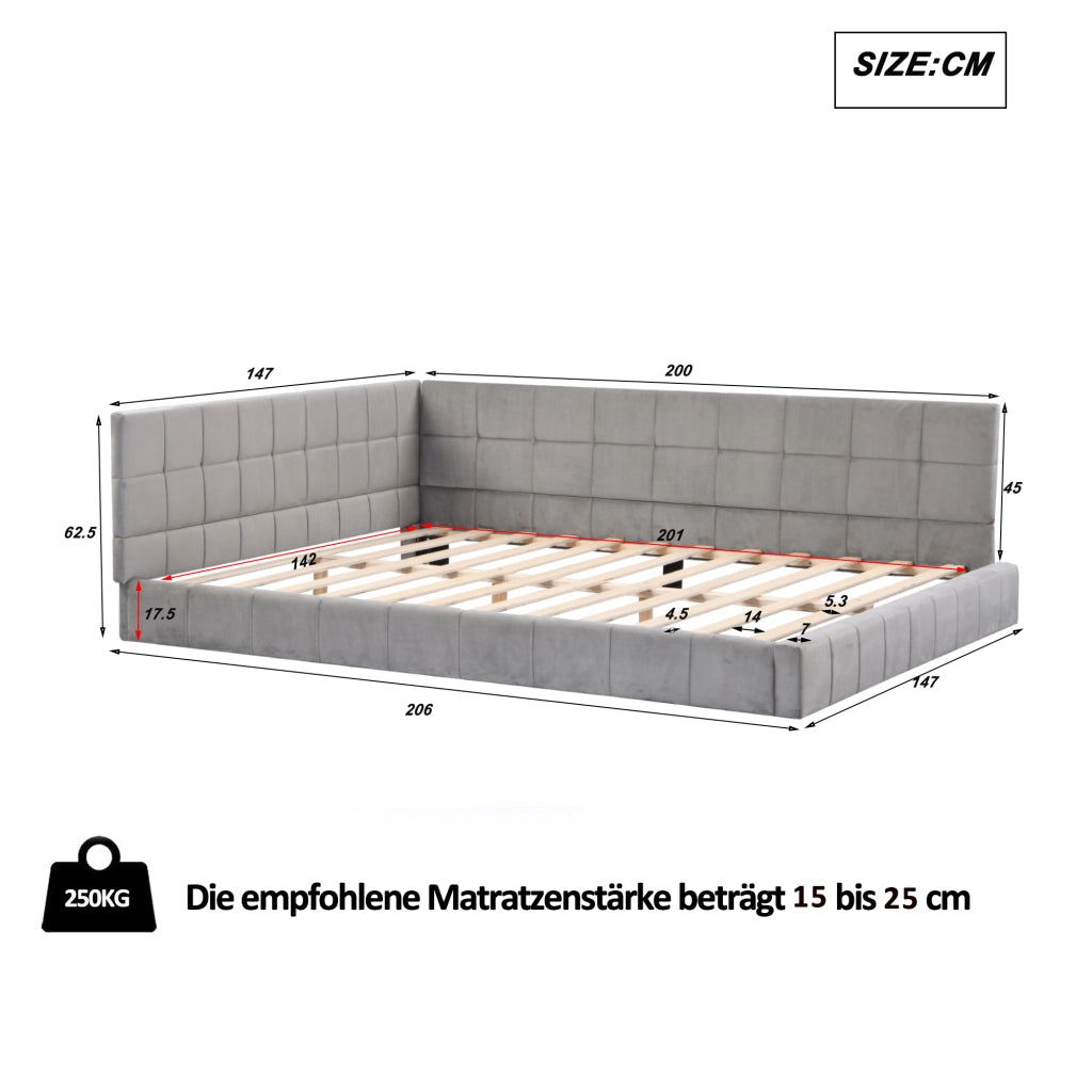 OKWISH Letto Divano 140×200 cm, Letto Matrimoniale con Schienale, Braccioli e Doghe, senza Materasso, in Tessuto Imbottito, Grigio