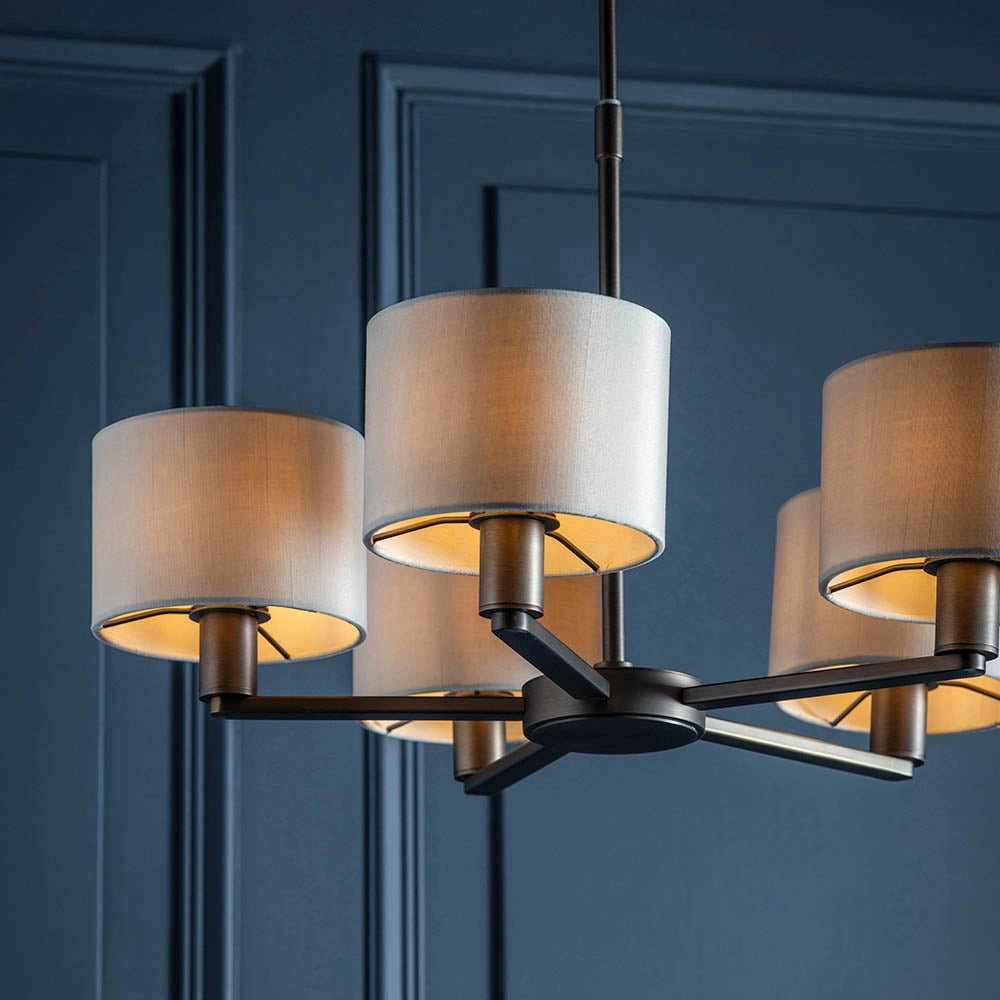 Lampadario 5 luci bronzo antico paralumi lino E14 Daley