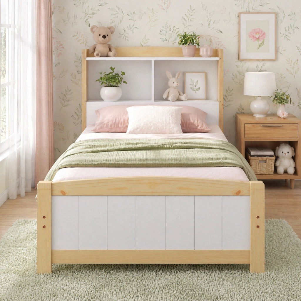 Letto singolo 90x200 cm in legno massello con testiera contenitore, bianco
