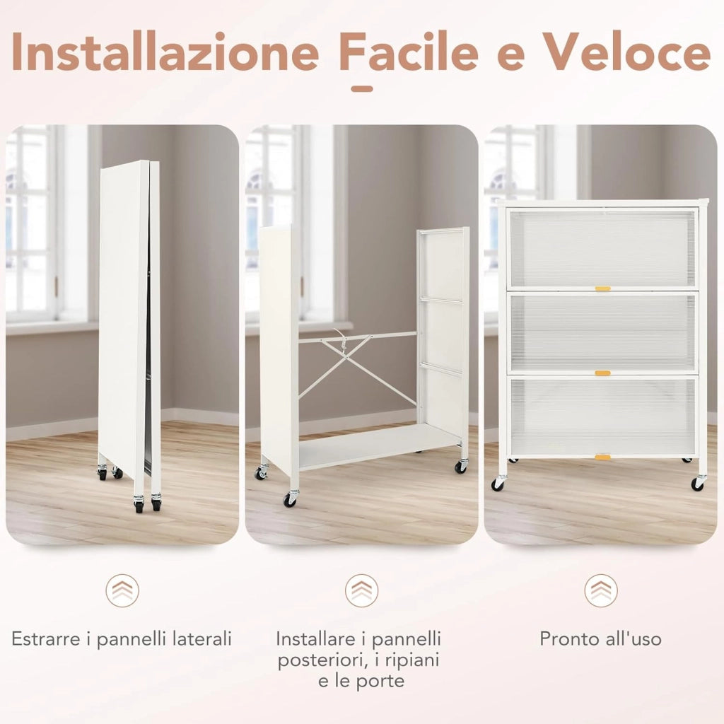 Credenza da Cucina a 4 Livelli, Armadietto Salvaspazio con Ante Ribaltabili e Ruote Bloccabili, Mobilietto Moderno in Metallo per Bagno, Soggiorno, Cucina e Ingresso, 81 x 37 x 115 cm