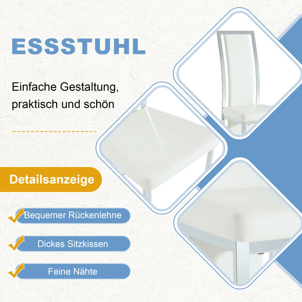 Set 4 sedie da pranzo moderne con schienale alto; 109 cm; in PU bianco e metallo argento
