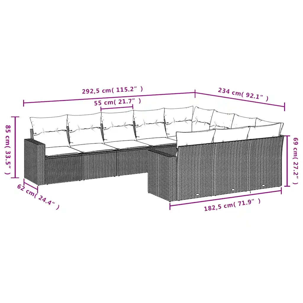 Set Divani da Giardino 10 pz con Cuscini Grigio in Polyrattan