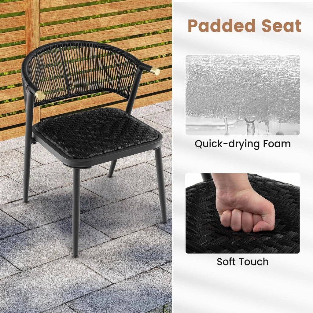 Set di mobili da giardino 3 pezzi, set da bistrot in rattan, 2 sedie imbottite e tavolino da caffè con piano in vetro temperato, per terrazza, patio, balcone, colore nero