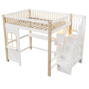 Letto a soppalco matrimoniale 140×200 cm con LED; scrivania; ripiani e scala contenitore; senza materasso; bianco naturale