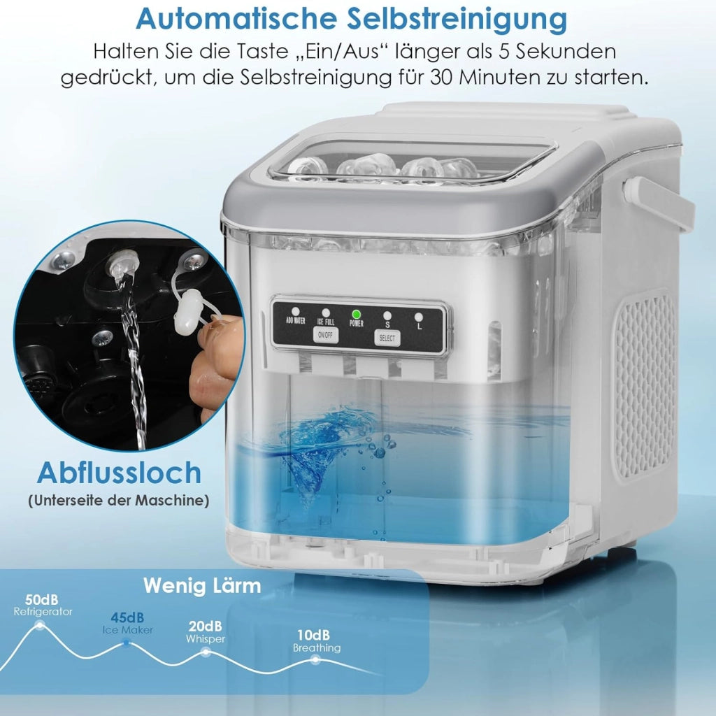 Macchina Ghiaccio, 12 kg/24h, 9 Cubetti di Ghiaccio in 6 Minuti, 2 Dimensioni di Ghiaccio, Silenzioso, Macchina del Ghiaccio Casa Autopulente con Maniglia/Cestello/Paletta, per Cucina/Ufficio/Bar