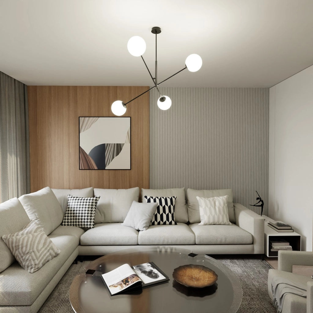 Lampada a sospensione LINEAR in acciaio nero e vetro opalino