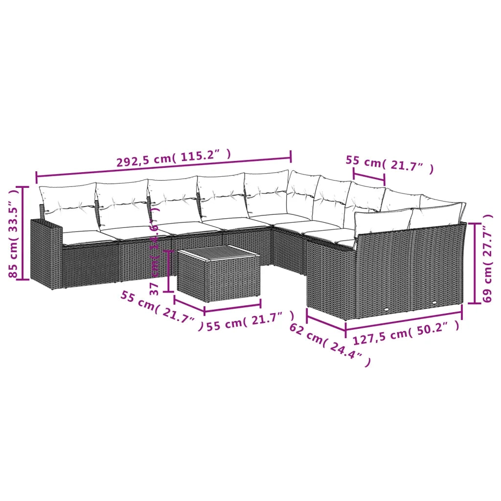Set Divani da Giardino 11 pz con Cuscini in Polyrattan Grigio