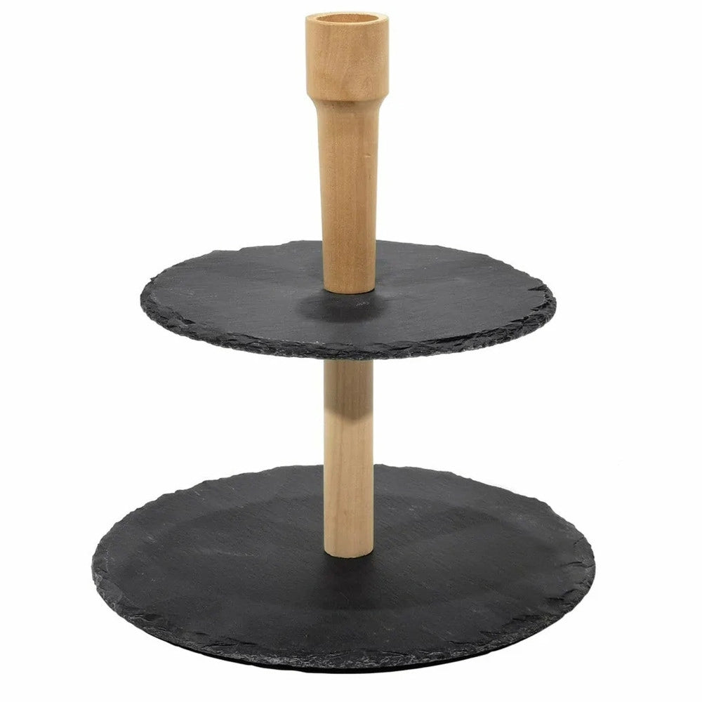 Trade Shop - Alzatina Stand Porta Dolci Rustici 2 Piani In Ardesia 20/25cm Legno Finger Food -