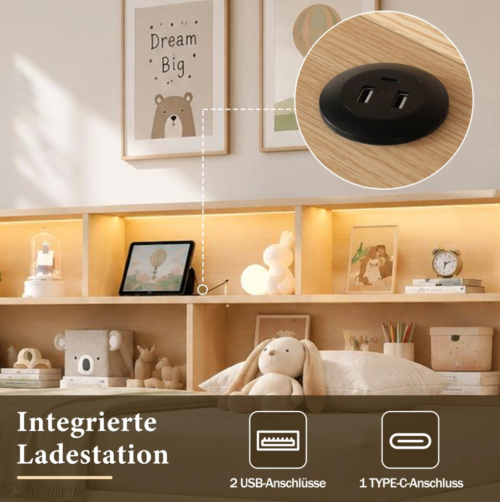 LETTO Estraibile 90x200 cm Velluto Beige con cassetti, USB e LED