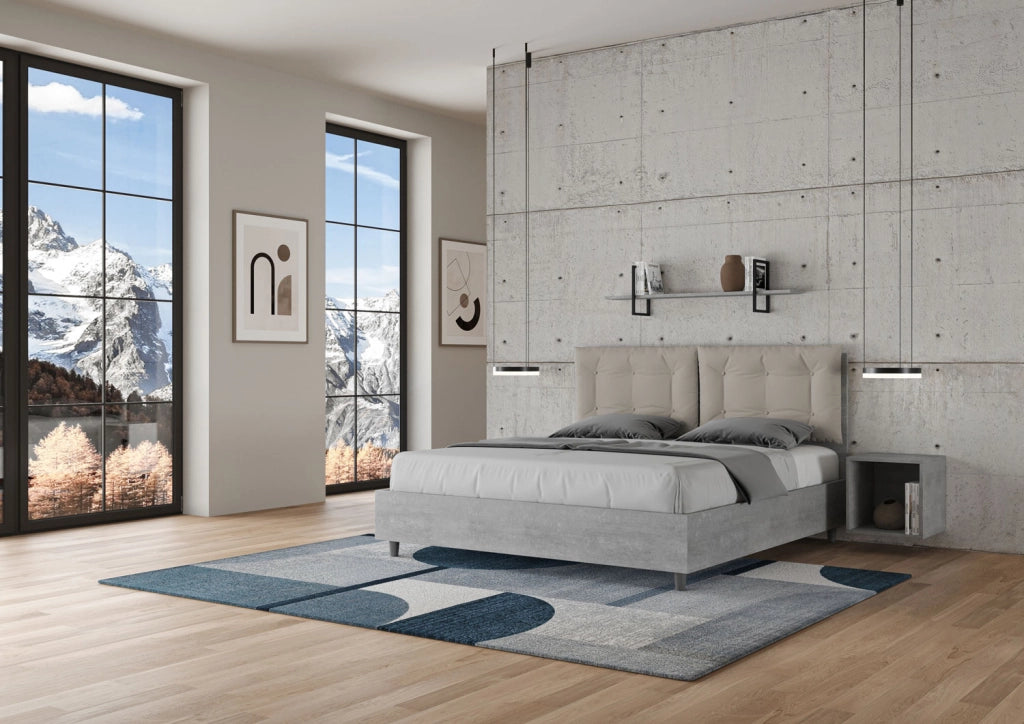 BS COM Letto matrimoniale senza rete 160x190 cemento cuscini similpelle tortora