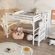 Letto a soppalco 140x200 cm; con armadio e scala contenitore; pino e MDF; bianco