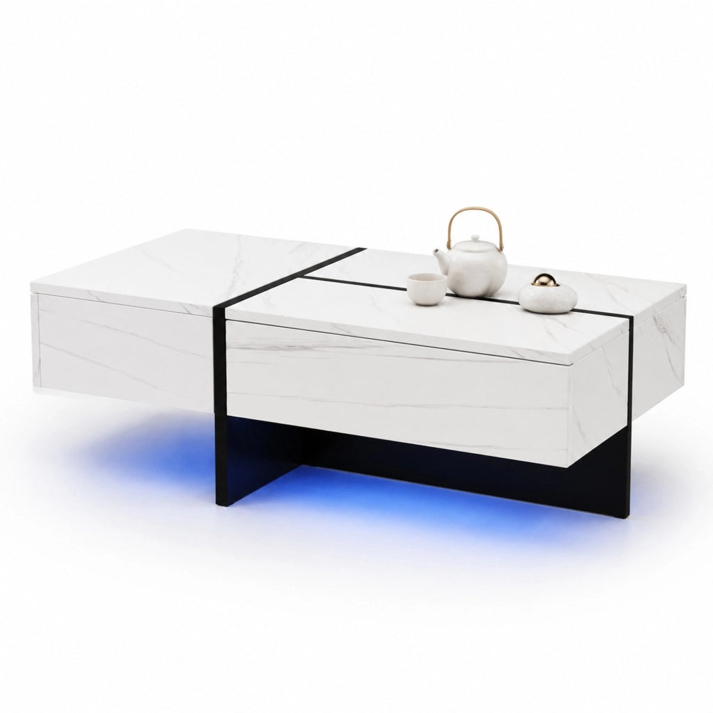 Tavolino da salotto lucido effetto marmo bianco 100 x 50 x 34;5 cm con LED App e 3 cassetti