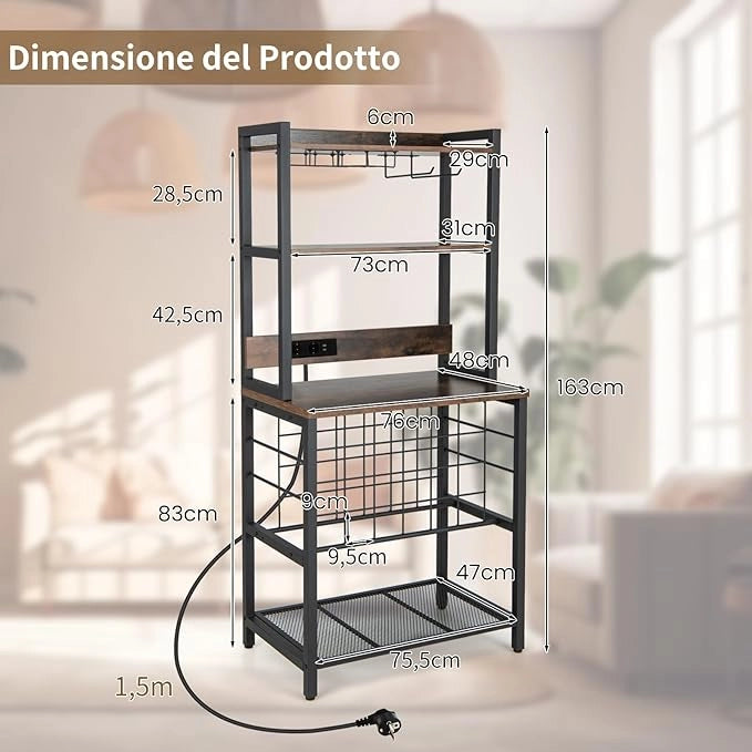 Mobile Bar Vino, Portabottiglie Industriale con 4 Ripiani, Porta Calici, Porte USB e Prese, con Struttura in Metallo Robusto, 75,5 x 48 x 163 cm