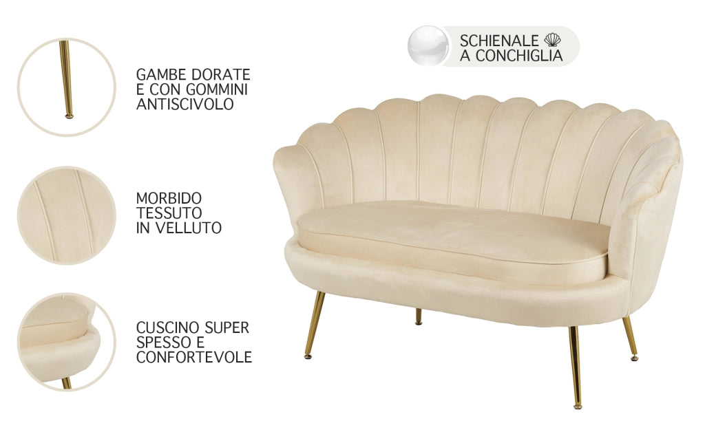 Divano Due 2 Posti In Velluto Forma Conchiglia Gambe In Metallo 133x63x75 Cm Camera Soggiorno Ufficio  Beige