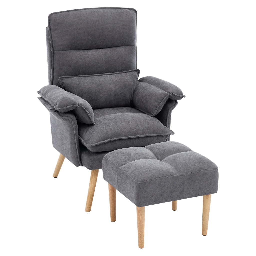 Poltrona Relax con Pouf, schienale regolabile 5 posizioni, tessuto effetto lino grigio
