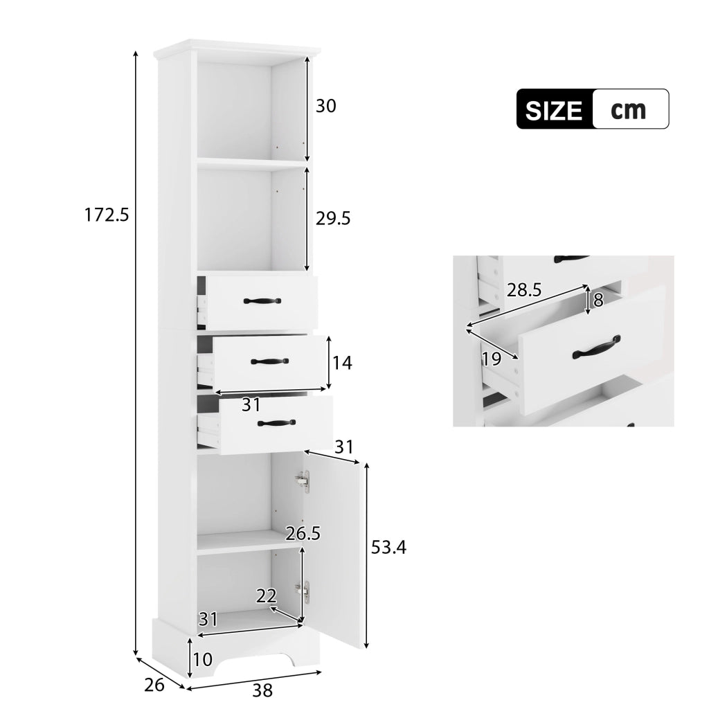 Mobile da bagno con 1 anta; 3 cassetti e ripiani regolabili - per bagno - in MDF - 38×26×172.5 cm - bianco