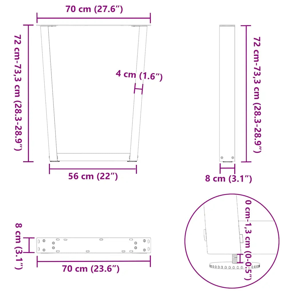 vidaXL Gambe per tavolo da pranzo a forma di V 3 pz bianche 70x(72-73,3) cm in acciaio