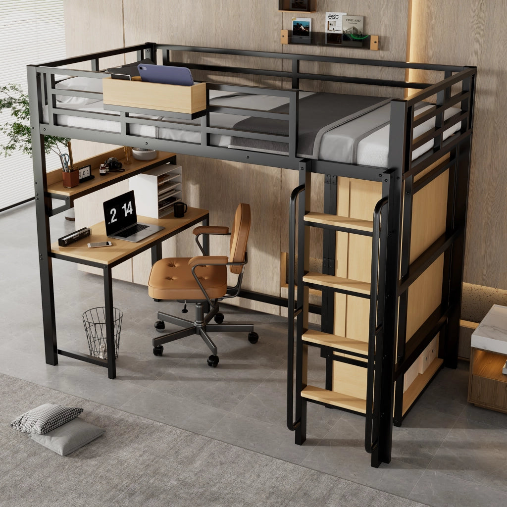 LETTO a soppalco con scrivania, armadio e ripiani 204x95x168,5 cm Nero/Naturale