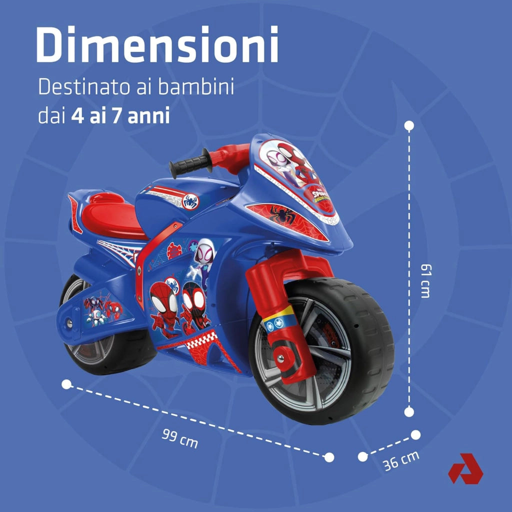 Moto Cavalcabile per Bambini 4-7 anni a Spinta Marvel Spidey 99x39x61 cm fino a 50 kg con Maniglia di Trasporto Blu