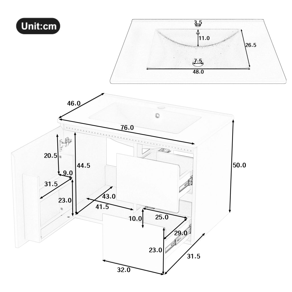 Mobile sottolavabo con 2 cassetti, LED a sensore radar, lavabo in ceramica, per bagno, bianco, 76 × 46 × 50 cm