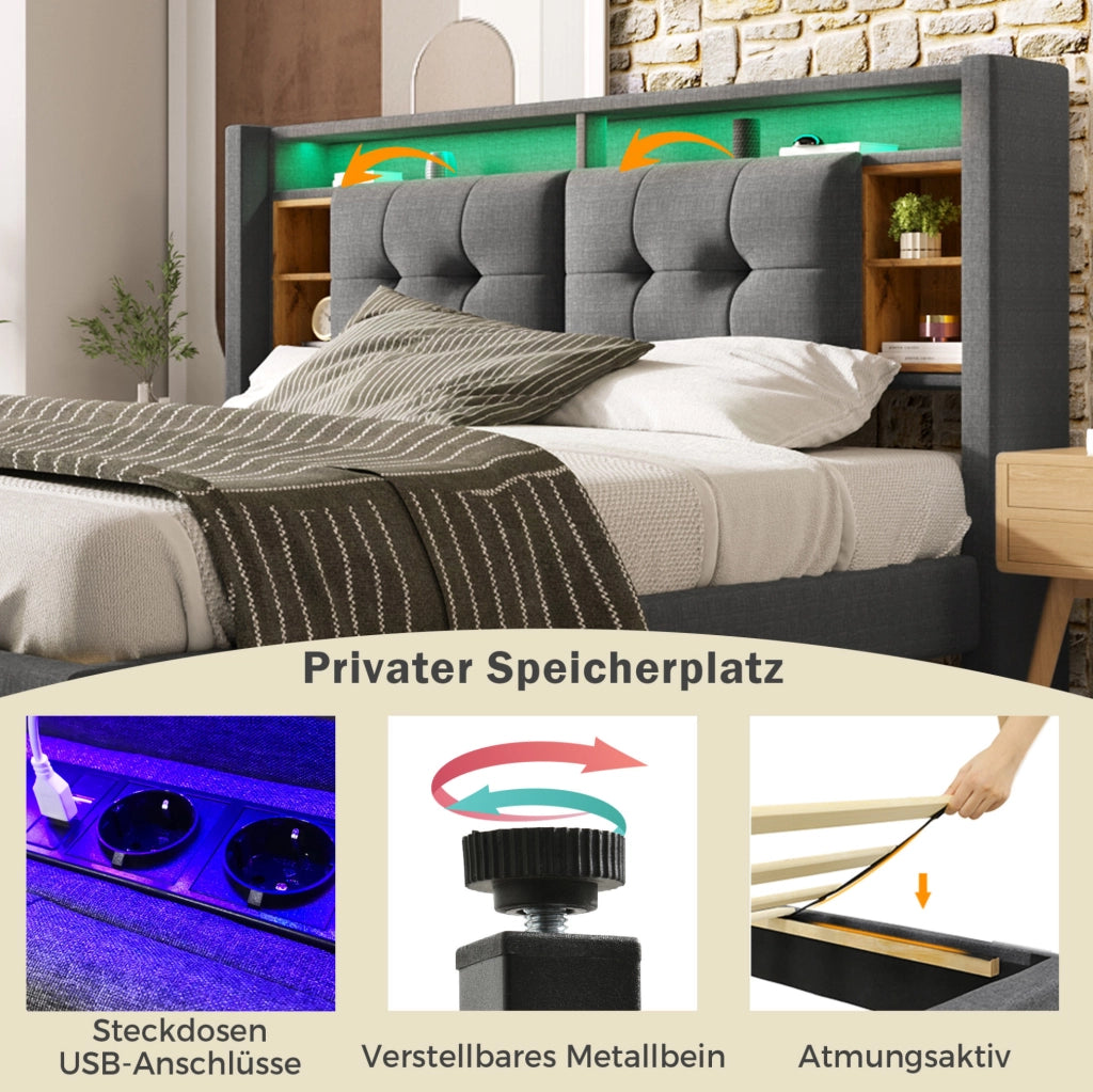 Letto matrimoniale imbottito 160x200 cm con testiera contenitore; LED; USB e prese; grigio