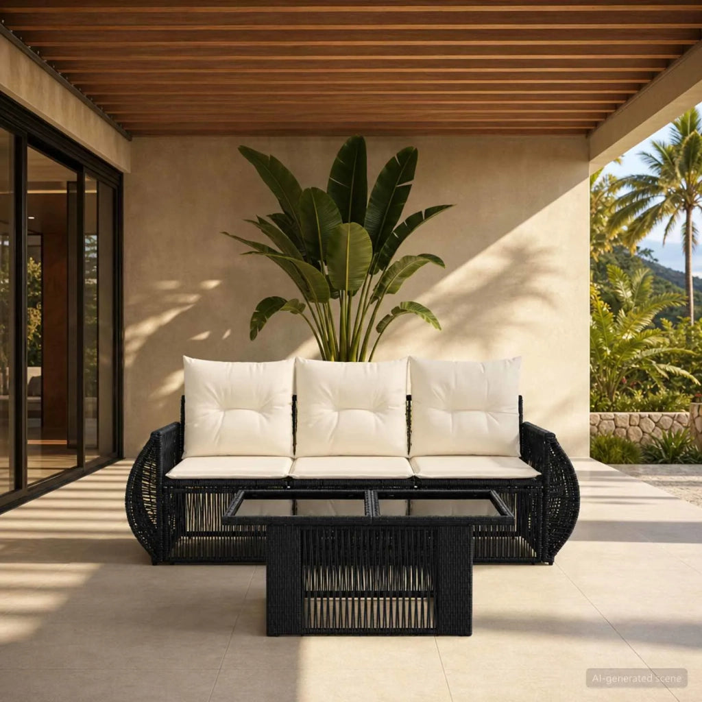 Set Divano da Giardino 4 pz Nero e Bianco Crema polyrattan 3436891