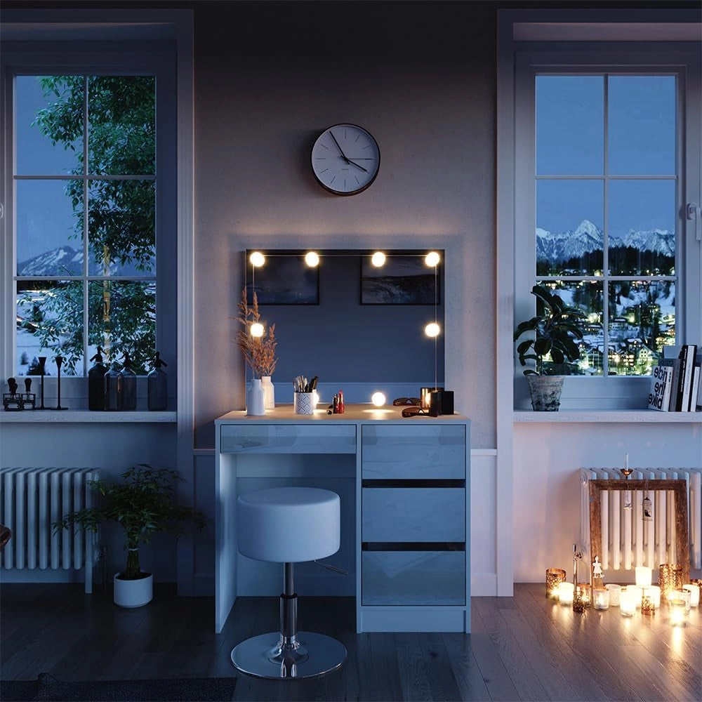 Vicco Tavolo da toeletta Sherry, Bianco, 90 cm con illuminazione a LED e sgabello, con illuminazione a LED e panca imbottita