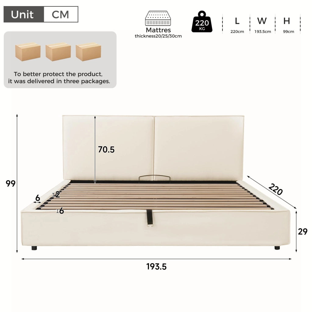 Letto Matrimoniale 180x200 cm con Contenitore idraulico; Testiera imbottita; Beige