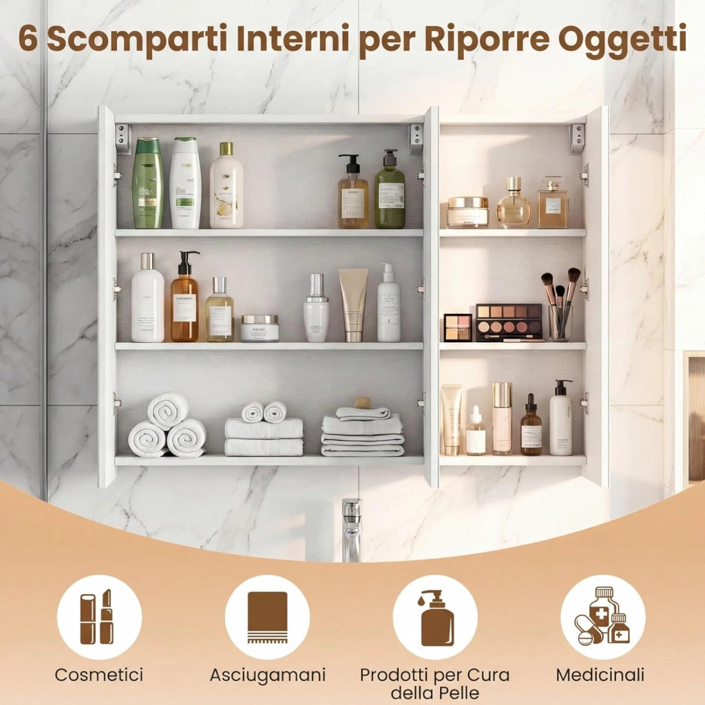 Specchio Bagno Contenitore, Mobiletto Salvaspazio da Parete con 3 Ante e 6 Scomparti, Superficie Effetto Legno e Struttura in Legno Robusta per Bagno e Soggiorno, 87 x 65 x 12,5 cm