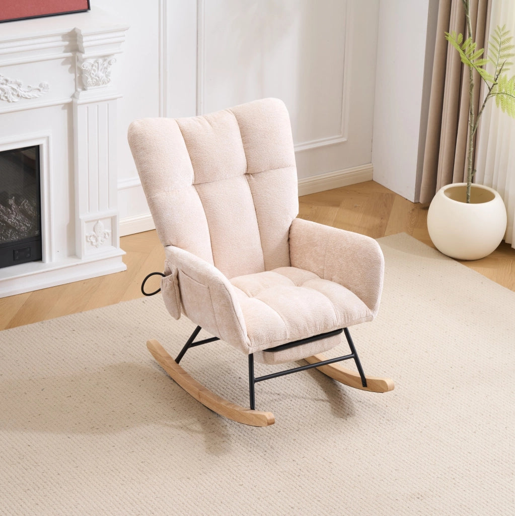 Sedia a dondolo con schienale alto e braccioli in chenille beige